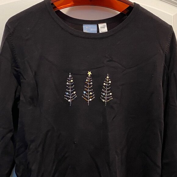New Holiday Editions BLACK lightweight SWEATER 3 SEQUIN & BEAD Christmas Trees S - Picture 2 of 6